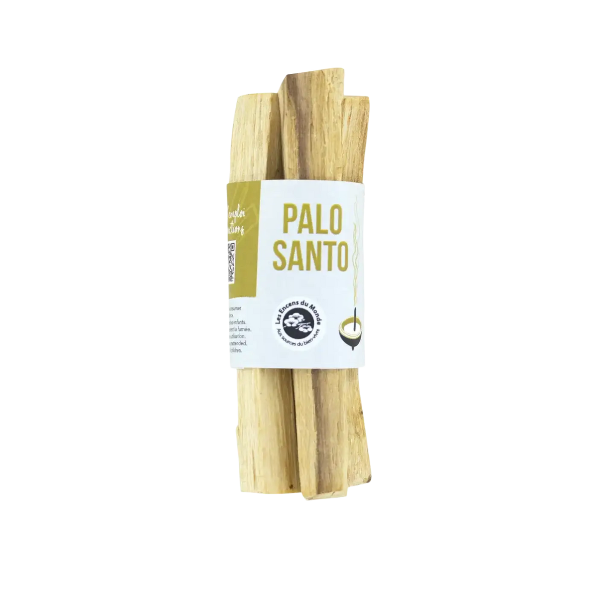 Vier Palo Santo Räucherwaren in hellbeigen Paketen, jeweils 10 cm lang, zum Räuchern von AROMANDISE.