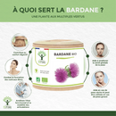 Eine Infografik mit dem Titel „À QUOI SERT LA BARDANE?“ (Wofür ist Klette gut?), die fünf Vorteile der Bio-Klette von Bioptimal zeigt, darunter Verdauungskomfort, Hautgesundheit und Gelenkmobilität, zentriert um den Produktbehälter.