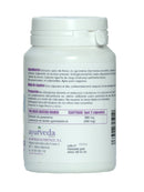 Das rückseitige Etikett einer weißen Plastikflasche "Ayurveda autentico Gymnema" Kapseln. Es listet Inhaltsstoffe wie Trockenextrakt aus Gymnema-Blüten, Gebrauchsanweisungen (zwei Kapseln täglich), Vorsichtsmaßnahmen und Informationen zur maximalen Tagesdosis auf.