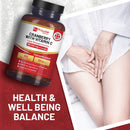 Neben einer Person, die sich an den Unterbauch fasst, wird eine Flasche des Nahrungsergänzungsmittels Prowise Cranberry mit Vitamin C in dreifacher Stärke beworben, dazu der Text „GESUNDHEITS- UND WOHLBEFINDEN-BALANCE“.