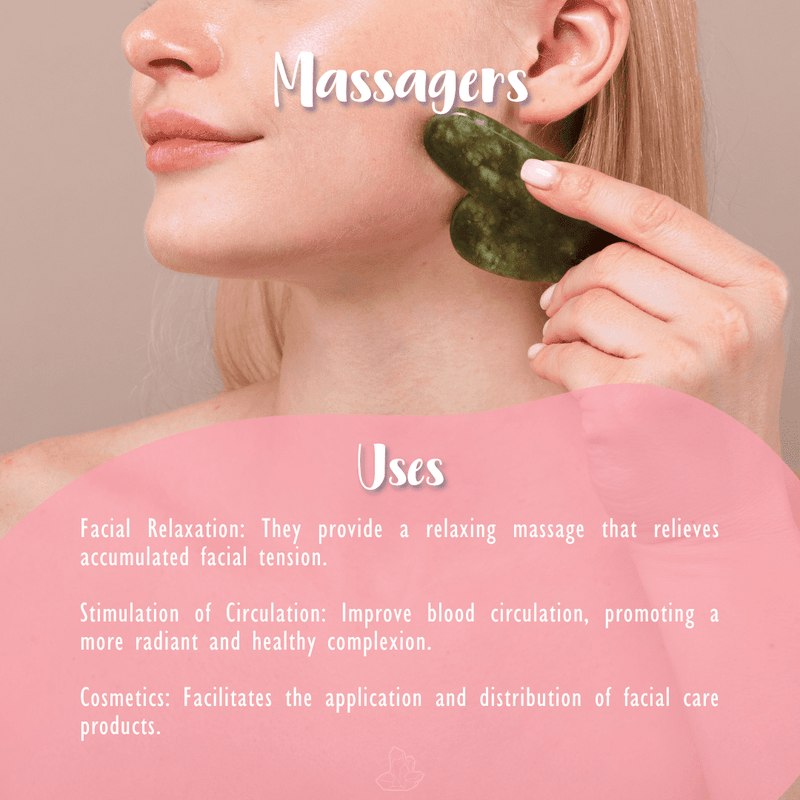 Anwendung eines grünen Jade Gua Sha Steins im Gesicht, mit Text zu Gesichtsentspannung, Durchblutungsförderung und kosmetischer Anwendung.