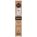 die Rückseite einer braunen Pappschachtel für Sagrada Madre AMBAR (Amber) Räucherwerk. Es enthält eine Beschreibung der schützenden und wärmenden Eigenschaften von Amber in Englisch und Spanisch. Kontaktinformationen, Pflegesymbole und die Webadresse sind ebenfalls sichtbar.