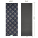 Vorder- und Rückansicht einer Myga Yogamatte, die das dunkle 3D-Karomuster auf der Vorderseite und einfarbig Grau-Schwarz auf der Rückseite zeigt, mit Abmessungen von 183 cm Länge und 61 cm Breite.