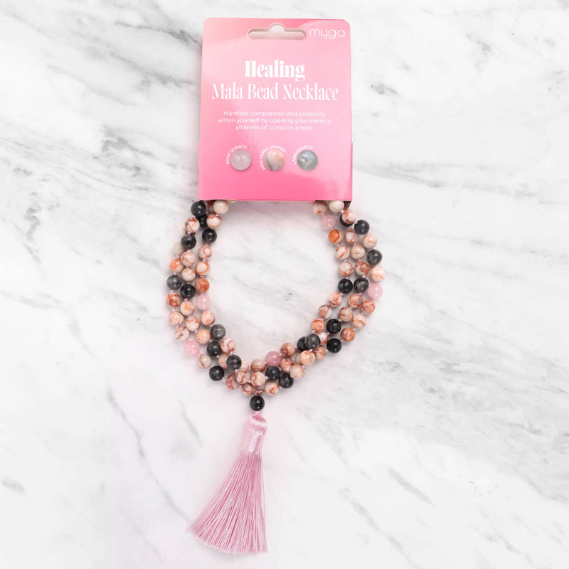 Mala Pearl Necklace - Healing Labradorite Rose Quartz