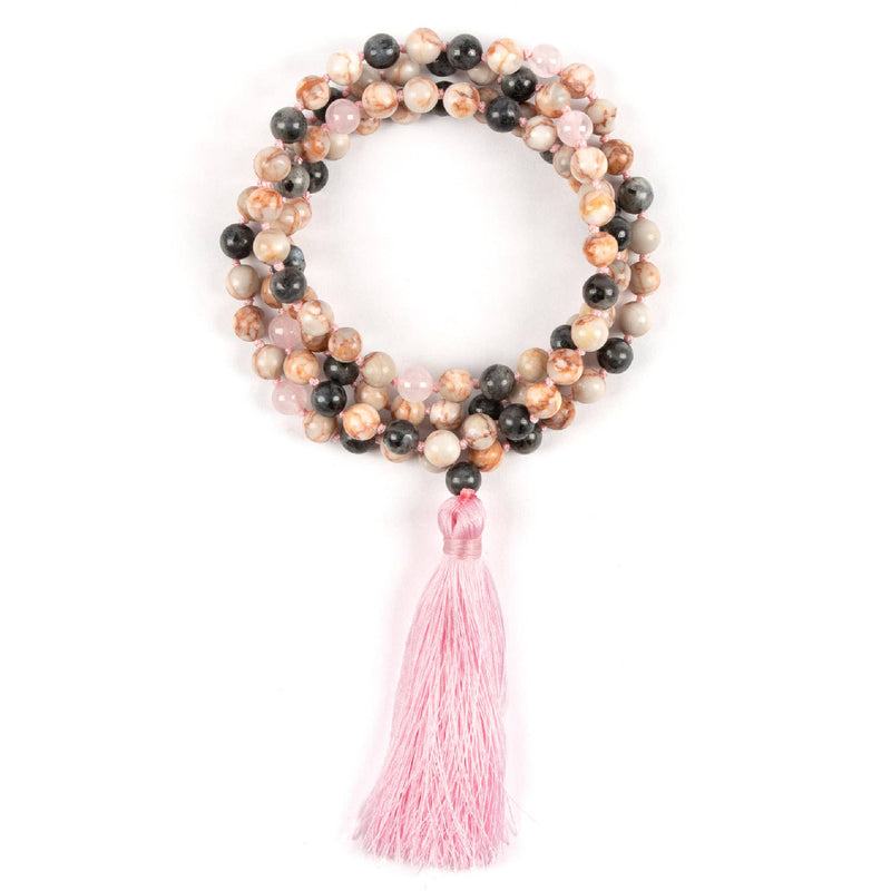 Mala Pearl Necklace - Healing Labradorite Rose Quartz