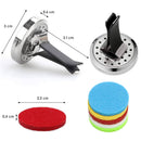 Produktbild mit den Maßen eines runden Auto-Diffusor-Clips aus Metall und den dazugehörigen farbigen Filz-Pads.