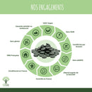 Bild zur Illustration von „Nos Engagements“ für Bioptimal mit grünen veganen Tabletten und Hervorhebung von Verpflichtungen wie Glutenfreiheit und Bio-Zertifizierung.