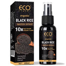 Eine schwarze Produktbox und eine Sprühflasche des "Eco Finest Organic Black Rice Water Spray", das als 10x Haarwachstums-, Volumen- und Glanzprodukt mit fermentiertem Schwarzreisextrakt (100ml) beworben wird.