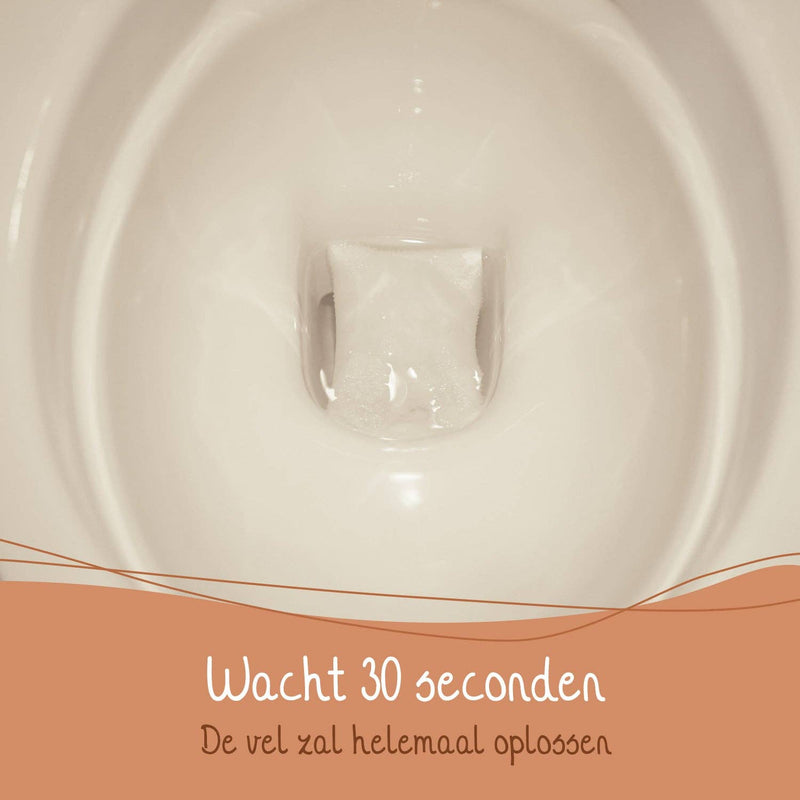 Ein Toilettenreinigungsblatt löst sich in der Toilettenschüssel auf, mit niederländischem Text "Wacht 30 seconden De vel zal helemaal oplossen" (30 Sekunden warten. Das Blatt löst sich vollständig auf).