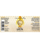 Ein Produktetikett für Ancient Purity Kräuter-Ohrenöl mit Inhaltsstoffen und Verzehrempfehlung.