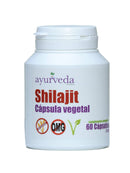 Eine weiße Flasche Ayurveda Shilajit Pflanzenkapseln, die als Nahrungsergänzungsmittel ausgewiesen sind, glutenfrei, GMO-frei und 60 Kapseln enthalten.