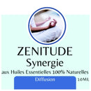 Etikett für ZENITUDE Synergie 100% natürliches ätherisches Öl zur Verbreitung, mit einer meditierenden Person.