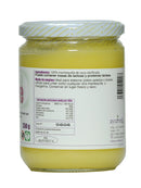 Das rückseitige Etikett eines Glasgefäßes mit "Ayurveda autentico Ghee" (geklärte Butter), das 350g Gewicht anzeigt. Es gibt die Inhaltsstoffe als 100 % geklärte Kuhbutter an und liefert Nährwertinformationen pro 100g sowie Zertifizierungslogos.