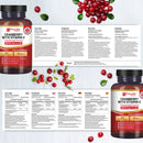 Werbebild mit Prowise Cranberry mit Vitamin C-Nahrungsergänzungsmittelflaschen neben verstreuten frischen Cranberries und mehrsprachigen Produktinformationstabellen.