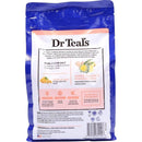 Die Rückseite des Beutels der Dr Teal's Soaking Solution, die die Verwendung von reinem Bittersalz (Epsom Salt) und einer Mischung aus Ingwer, Ginseng und Rhodiola Rosea (Adaptogenen) sowie ätherischen Ölen zur Stresslinderung beschreibt, inklusive Anweisungen zum Baden für 20 Minuten.