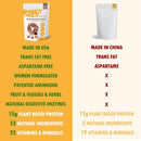 Vergleichstabelle für "SHAKE IT TAKE IT" Shakes: US-Version (transfett-/aspartamfrei, für Frauen, 15g pflanzliches Protein, 52 natürliche Zutaten, 25 Vitamine/Mineralien) vs. China-Version (enthält Transfette/Aspartam, weniger Nährstoffe).