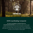 Eine Infografik mit dem Titel "100% nachhaltig verpackt," die die Verwendung von natürlichen und nachwachsenden Rohstoffen in der Verpackung betont. Sie hebt die Verantwortung des Unternehmens für den Umweltschutz und die biologische Vielfalt hervor.