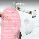 Infografik zu „Massagers: Benefits“, die einen goldgerahmten weißen Jade-Gesichtsroller und ein passendes herzförmiges Gua-Sha-Werkzeug zeigt, mit Text, der Vorteile wie verbesserte Durchblutung und reduzierte Falten auflistet.