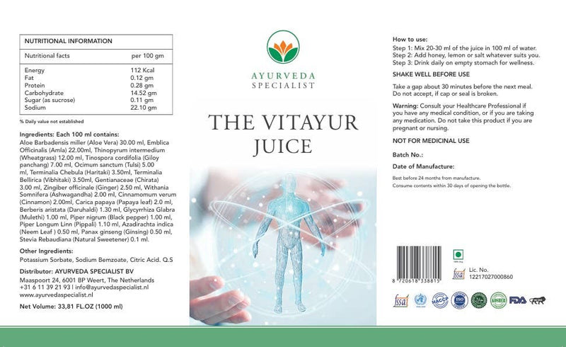 Ayurveda Specialist BV - Jus Vitayur 500 ml – Défense immunitaire, digestion et énergie