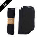 Ein Set aus drei schwarzen, wiederverwendbaren Küchentüchern, eines gerollt mit braunem Etikett und zwei gefaltet. Der Hintergrund ist weiß und vermittelt ein sauberes, umweltfreundliches Gefühl.