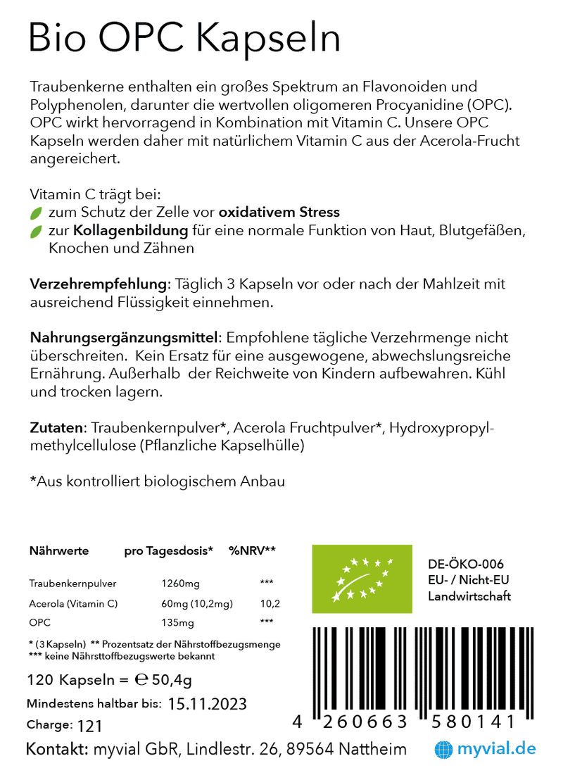 Bio OPC Kapseln Traubenkernpulver + Vit. C 120 Stück - Vegan