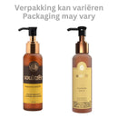 Ein flaches Layout eines SoulTree Rejuvenating Body Oil-Etiketts mit Details zur Bio-Zertifizierung, ayurvedischen Inhaltsstoffen und Anwendungshinweisen.