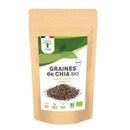 Eine braune Papiertüte mit "GRAINES de CHIA BIO Qualité premium" Aufschrift und einem Haufen Chiasamen. Die Verpackung hebt Vorteile wie Ballaststoffe, Proteine und Kalzium hervor und trägt Bio-Zertifizierungen.