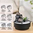 Ein Zen-Garten-Zimmerbrunnen mit Steintöpfen und einer Liste von Produktmerkmalen in Blasen.