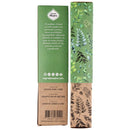 Zwei Seiten einer Räucherstäbchen-Schachtel für Eukalyptus, Lorbeer und Zeder von Sagrada Madre, mit Blattillustrationen.