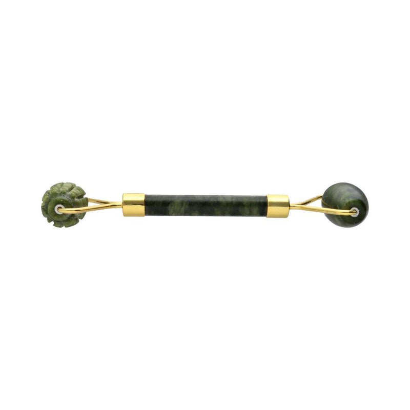 Doppelseitiger Jade-Gesichtsroller mit einer glatten und einer strukturierten Rolle, goldfarbenes Metallgestell, zur Gesichtsmassage.