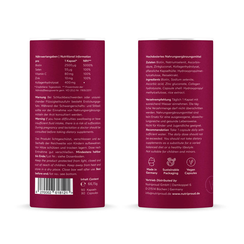 Eine detaillierte Ansicht der Produktverpackung für "Biotin plus Selen," die Nährwertangaben und Inhaltsstoffe zeigt. Sie enthält Warnhinweise, Anwendungsempfehlungen und Informationen über die Herkunft und Verpackung des Produkts.