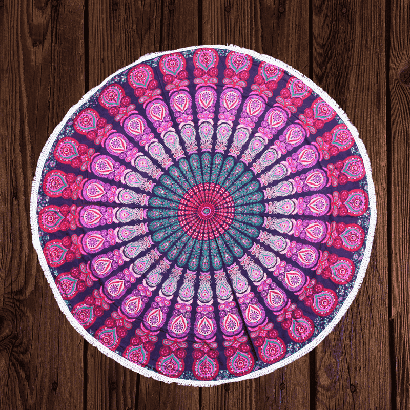Toile rituelle ronde « Mandala Lavande » avec pompons en coton, diamètre 180 cm
