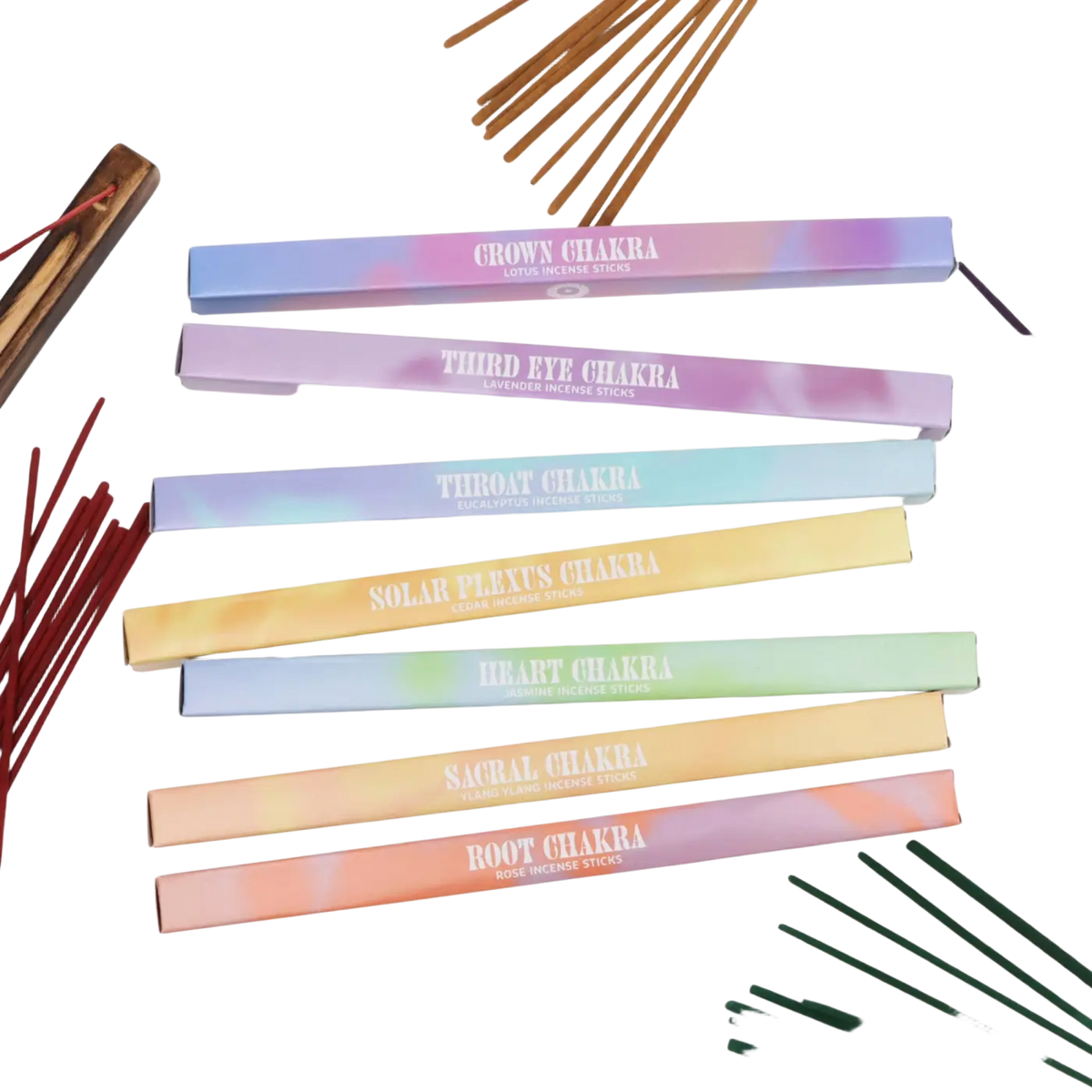 Myga 7 Chakra Räucherstäbchen mit Holzhalter, fördert Reinigung, Harmonie und Achtsamkeit durch aromatisches Räucherwerk.