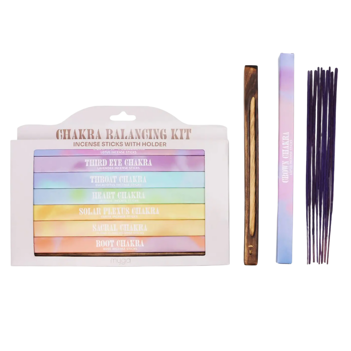 Myga 7 Chakra Räucherstäbchen mit Holzhalter für Reinigung, Harmonie und Achtsamkeit, ideal für Meditation und Entspannung.