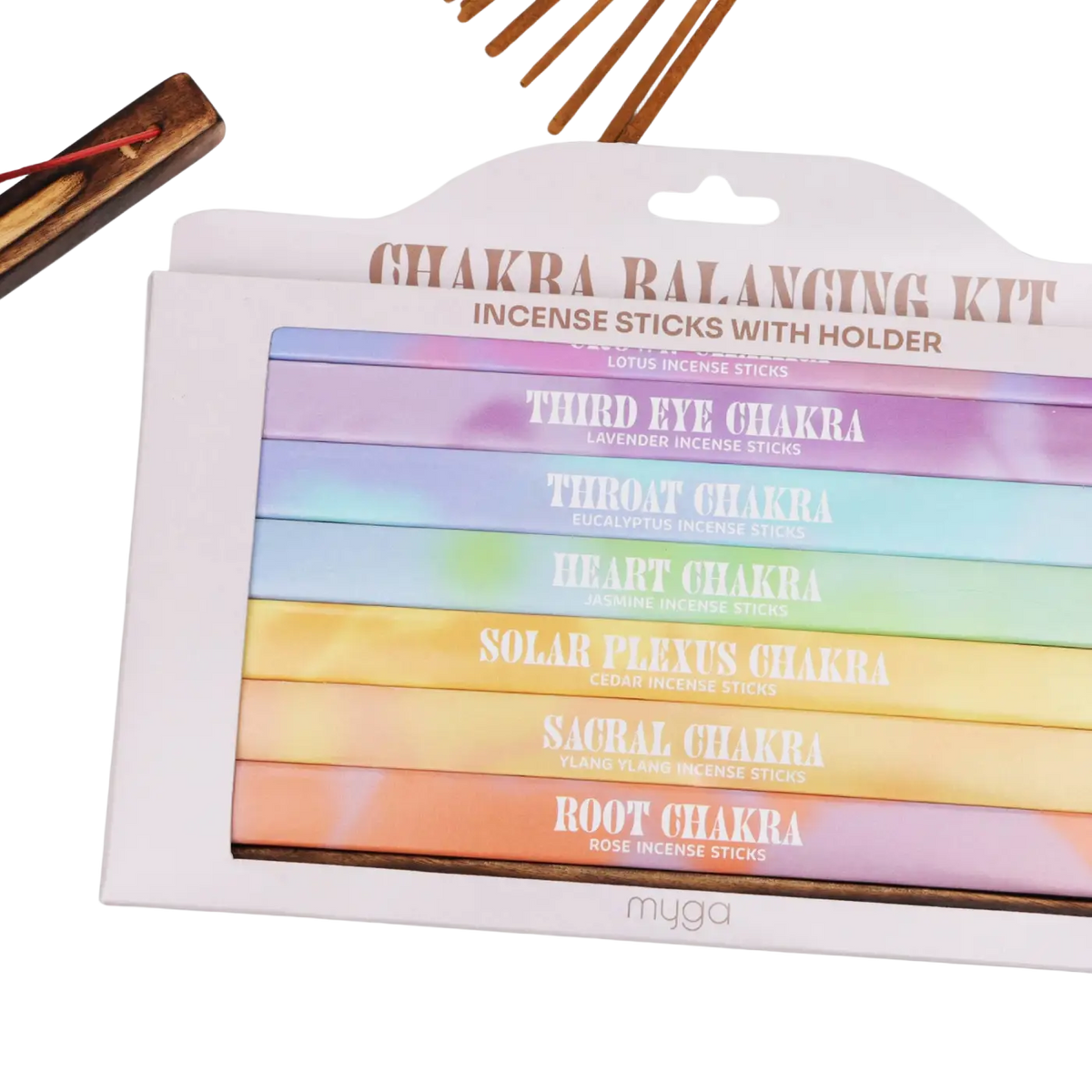 Myga 7 Chakra Räucherstäbchen mit Holzhalter für Reinigung, Harmonie und Achtsamkeit, spirituelles Räucherwerk mit bunten Chakra-Designs