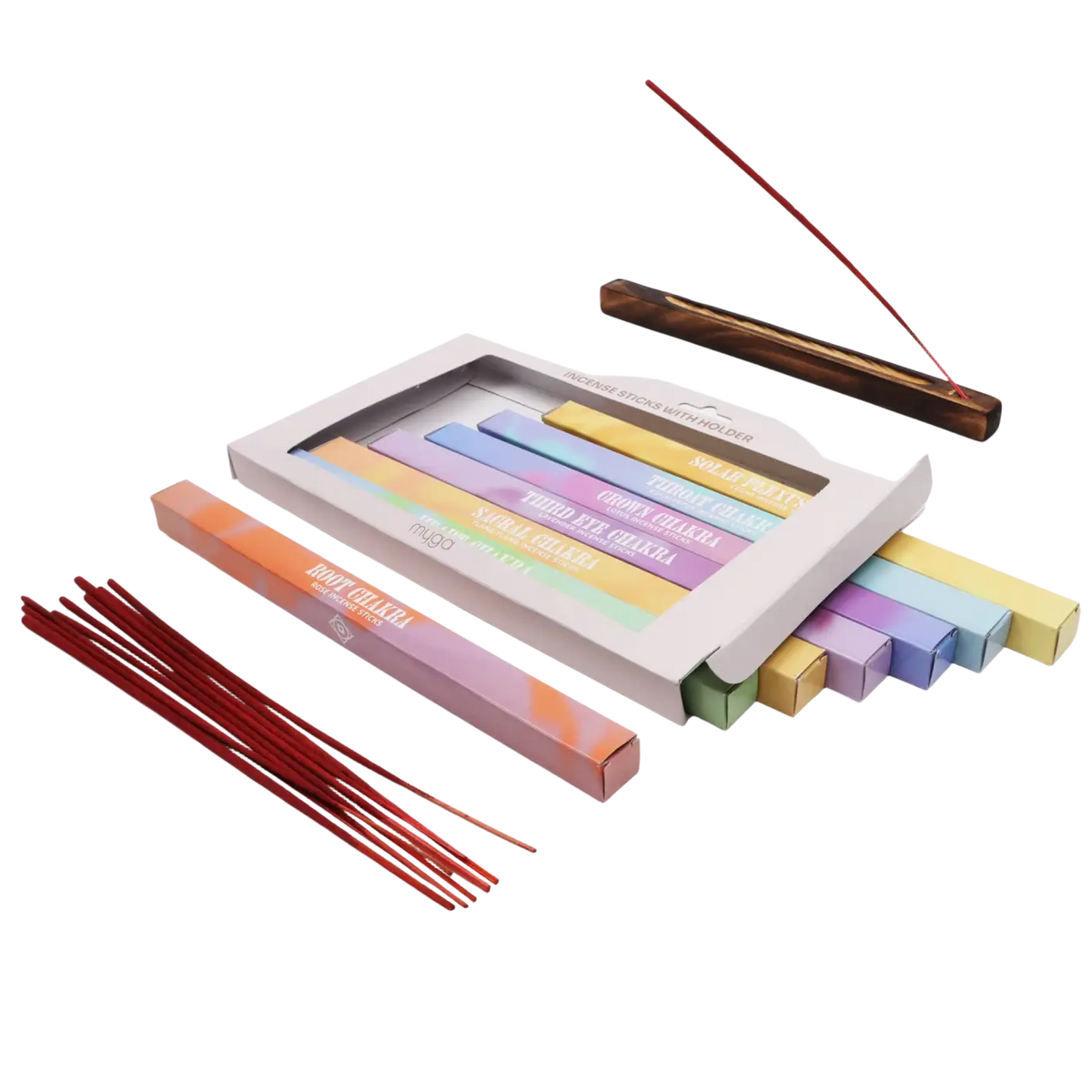 Myga 7 Chakra Räucherwerk mit Holzhalter, zur Reinigung, Harmonie und Achtsamkeit, sichtbare Räucherstäbchen in Verpackung