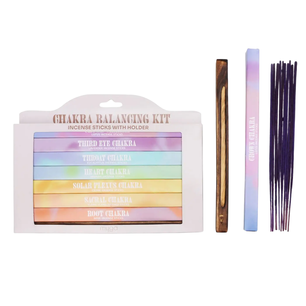 Myga 7 Chakra Räucherstäbchen mit Holzhalter für Reinigung, Harmonie und Achtsamkeit, farbenfrohes Chakra-Räucherwerk.