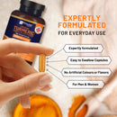 Eine Hand hält eine einzelne, bernsteinfarbene Kurkuma-Kapsel der Marke Prowise Organic hoch, mit Text, der die wichtigsten Merkmale hervorhebt: Expertly formulated (Fachmännisch formuliert), Easy to Swallow Capsules (Leicht zu schluckende Kapseln), No Artificial Colours or Flavors (Keine künstlichen Farb- oder Geschmacksstoffe) und For Men & Women (Für Männer und Frauen).