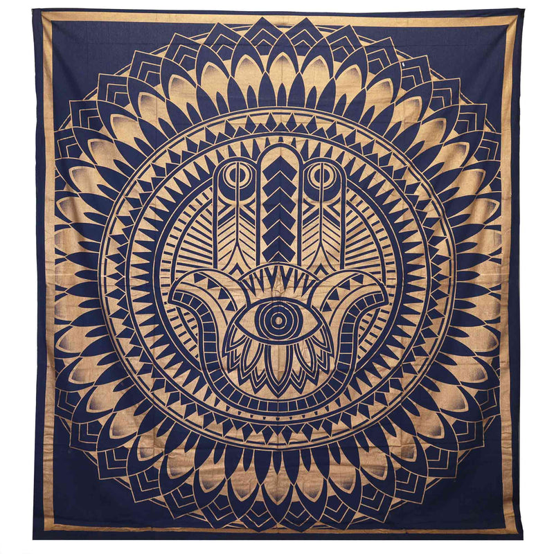 Doppelbettdecke, Ritualtuch, Wandbehang aus Baumwolle und Wandteppich — Hamsa — Goldblau 230 cm x 200 cm