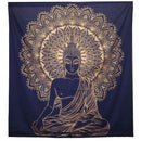 Couvre-lit, tissu rituel, tenture murale pour 2 personnes en coton et tapisserie, Bouddha, bleu or - 230 cm x 200 cm