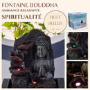 Eine Collage, die einen "Bestseller" Buddha Zimmerbrunnen mit kaskadierenden, beleuchteten Schalen und dessen Verpackung bewirbt.