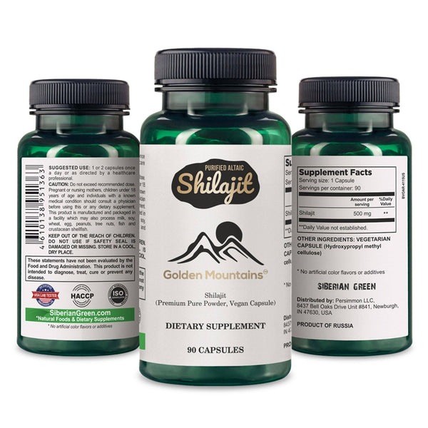 SiberianGreen - Golden Mountains Shilajit Vegane Kapsel 500 mg Pure Altai 90 Stück Premium-Spurenelemente