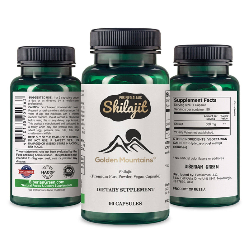 SiberianGreen - Golden Mountains Shilajit Vegane Kapsel 500 mg Pure Altai 90 Stück Premium-Spurenelemente