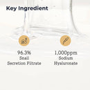 Die Hauptbestandteile eines Hautpflegeprodukts, "96.3% Schneckensekret-Filtrat" und "1,000ppm Natriumhyaluronat", dargestellt mit zugehörigen Icons und Text auf einem hellen Hintergrund mit angedeuteten Flüssigkeitsmustern.