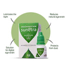 Die Verpackung der Sreedhareeyam Sunetra Regular Augentropfen mit vier Vorteilen: Befeuchtet die Augen, Reduziert natürliche Augenbelastung, Lösung für digitale Augenbelastung und Schützt vor Staub.