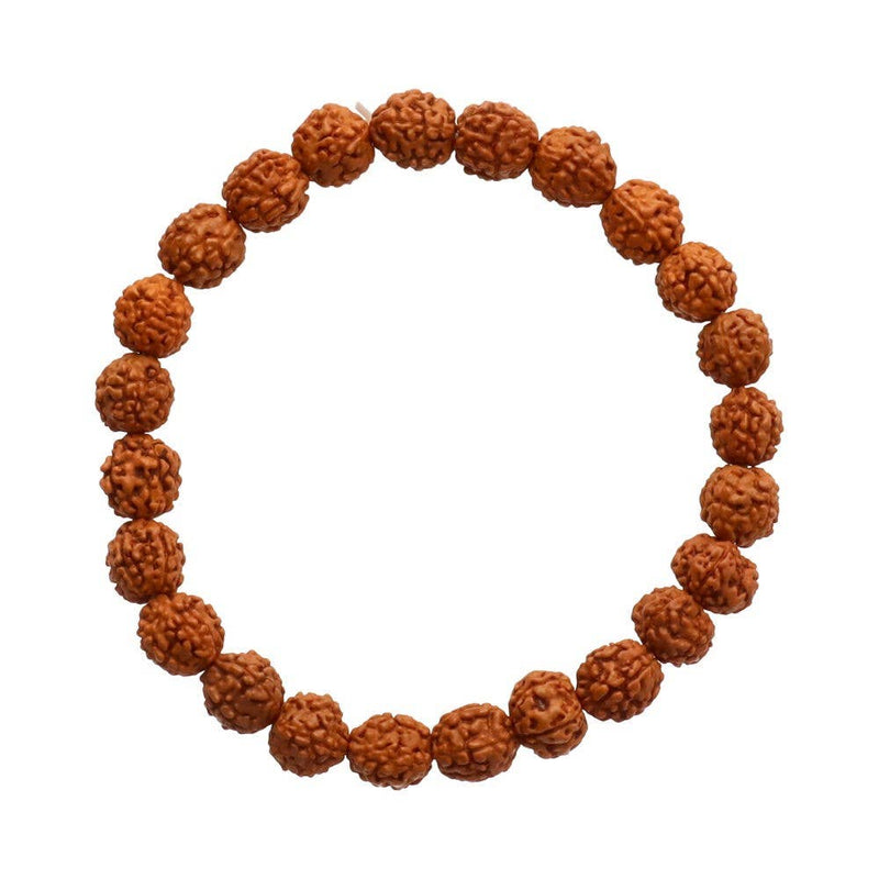 Elastisches Perlenarmband aus kleinen, hellbraunen, natürlich strukturierten, mehrflächigen Rudraksha-Samen.