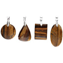 Vier Tigerauge-Edelsteinanhänger in runden, tropfenförmigen, quadratischen und ovalen Formen.