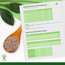 Analytische Spezifikationen und Nährwertangaben für Bio-Psylliumschalen, mit Fokus auf Pestizidkonformität, mikrobiologische Sicherheit und Ballaststoffgehalt.