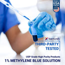 Ein chemisches Experiment, bei dem eine Pipette blaue Flüssigkeit in ein Reagenzglas tropft, mit dem Text „USP Grade High Purity Products“ und „1% METHYLENE BLUE SOLUTION“, zusammen mit dem Siegel „Proudly USA Company“ und „THIRD-PARTY TESTED“.