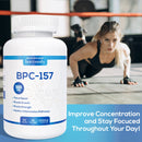 Eine Frau macht Liegestütze in einem Fitnessstudio, im Vordergrund eine Flasche Harmonify BPC-157. Der Text betont, wie das Produkt die Konzentration verbessern und den Fokus über den Tag hinweg aufrechterhalten kann.
